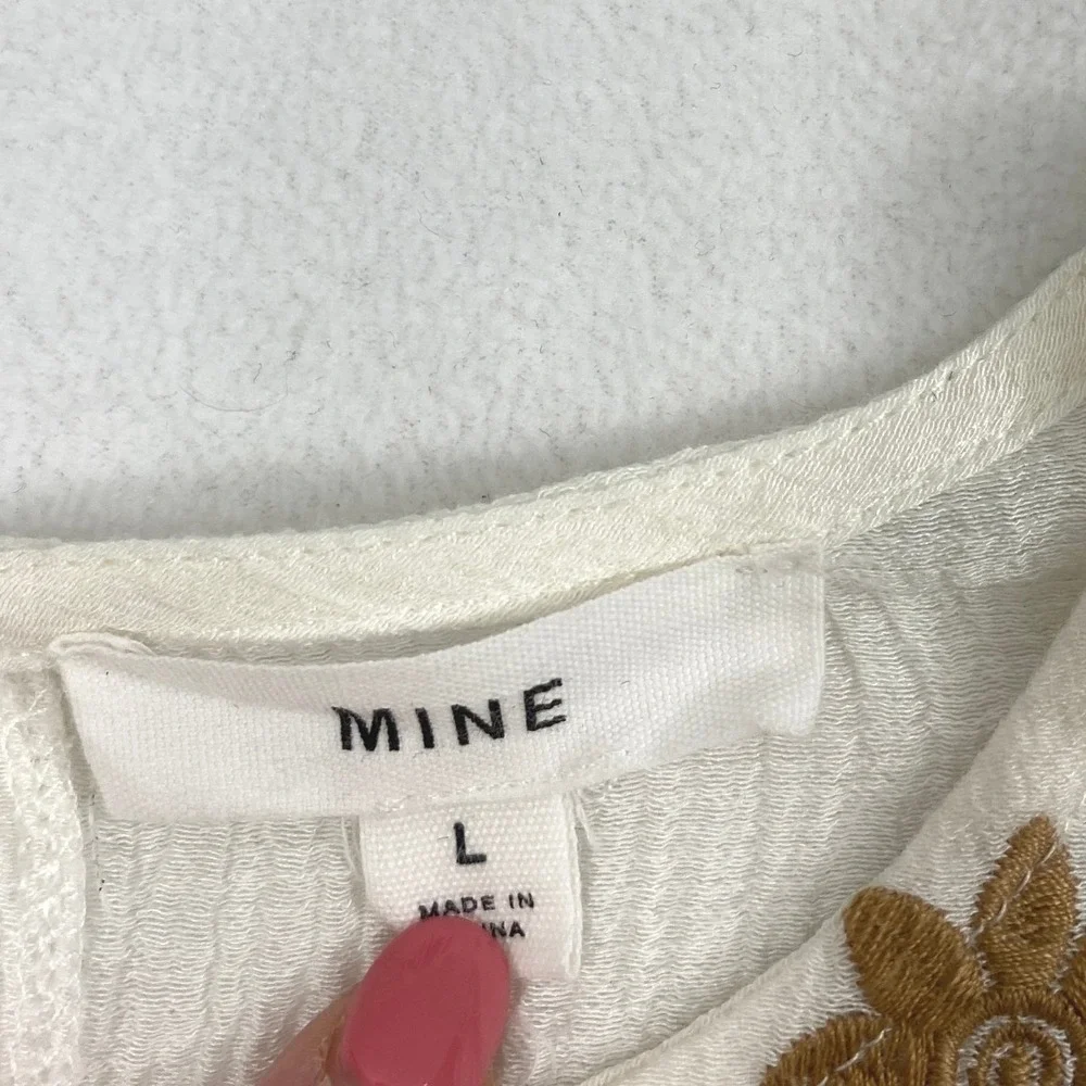 MINE Blouse Womens Large White Gauze Tan Floral Embroidered Boho Festival Top - Picture 4 of 8